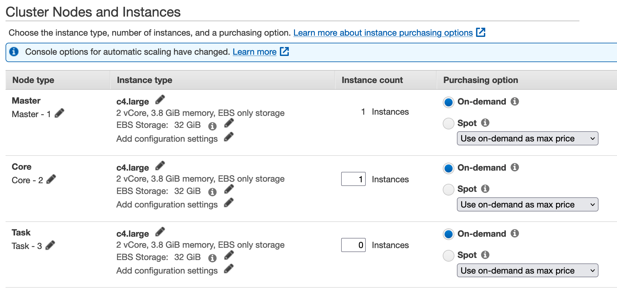 Amazon EMR - Adanced options: Cluster Nodes and Instances