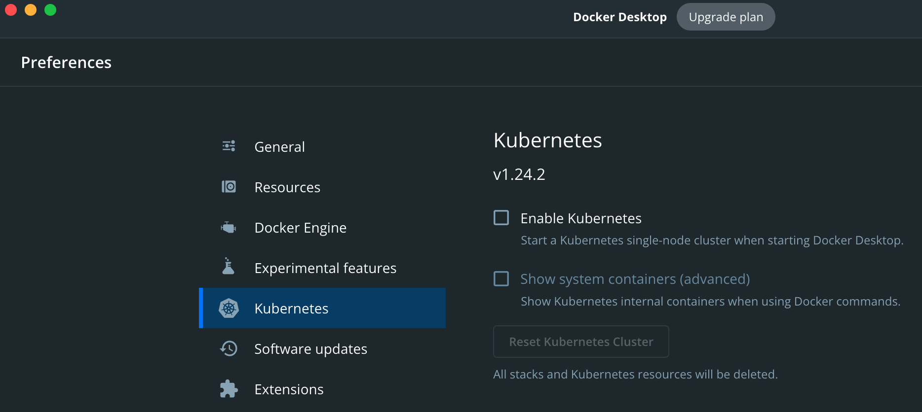 Figure 2: Kubernetes preinstalled with Docker Desktop